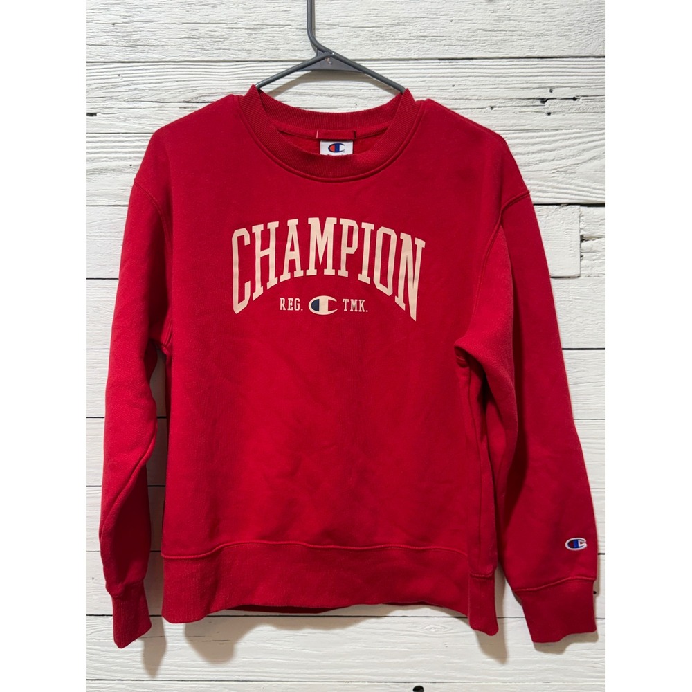 Champion Sweatshirt Womens Medium Red Excellent Arch Logo Fleece Crewneck